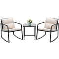 3 Piece Rocking Bistro Set Wicker Patio Outdoor Furniture Porch Chairs Conversation Sets with Glass Coffee Table in Beige