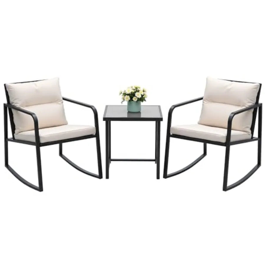 3 Piece Rocking Bistro Set Wicker Patio Outdoor Furniture Porch Chairs Conversation Sets with Glass Coffee Table in Beige
