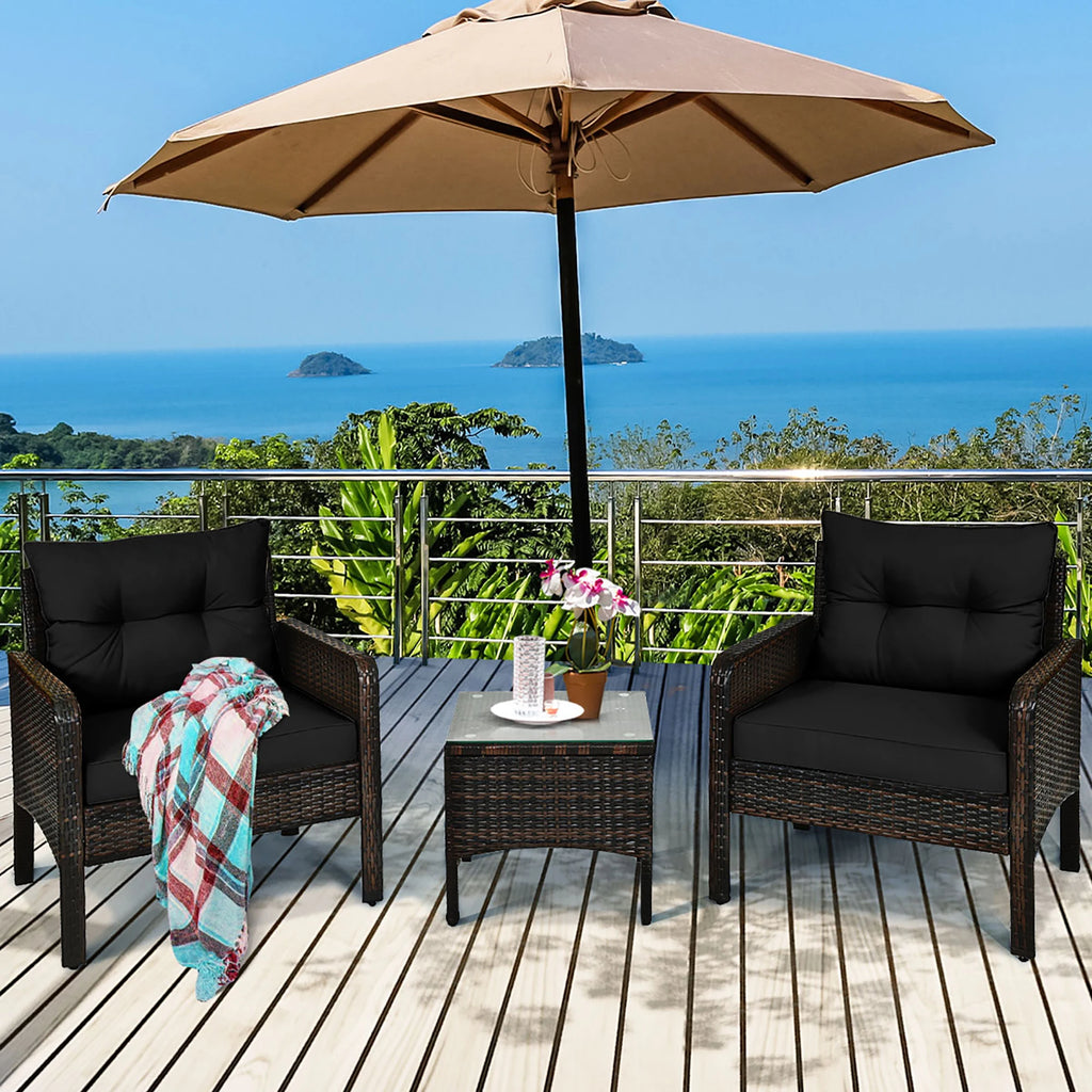 3PCS Outdoor Rattan Conversation Set Patio Garden Cushioned Sofa Chair Black