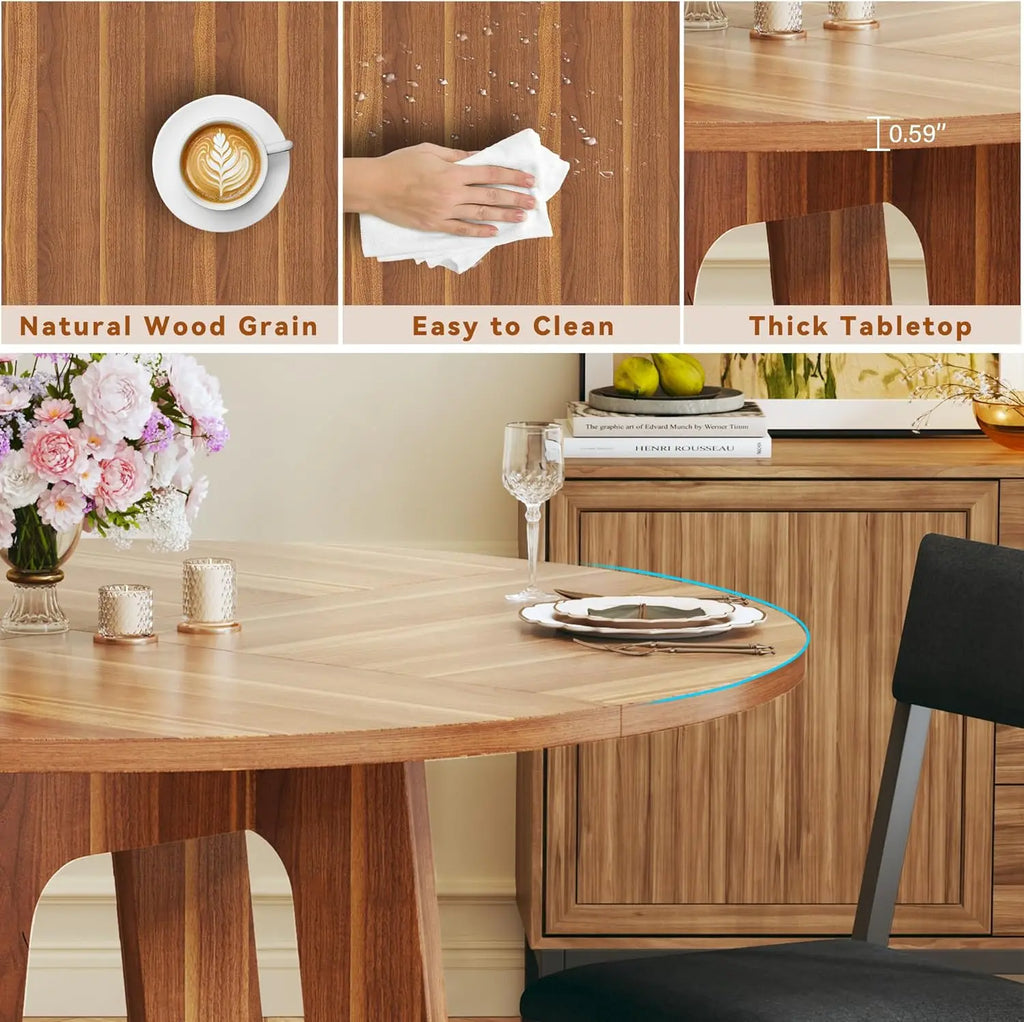 7-Piece Round Dining Table Set for 6, 47'' Wood Base Table with 6 Chairs, Brown, Space-Saving Kitchen & Living Room Furniture