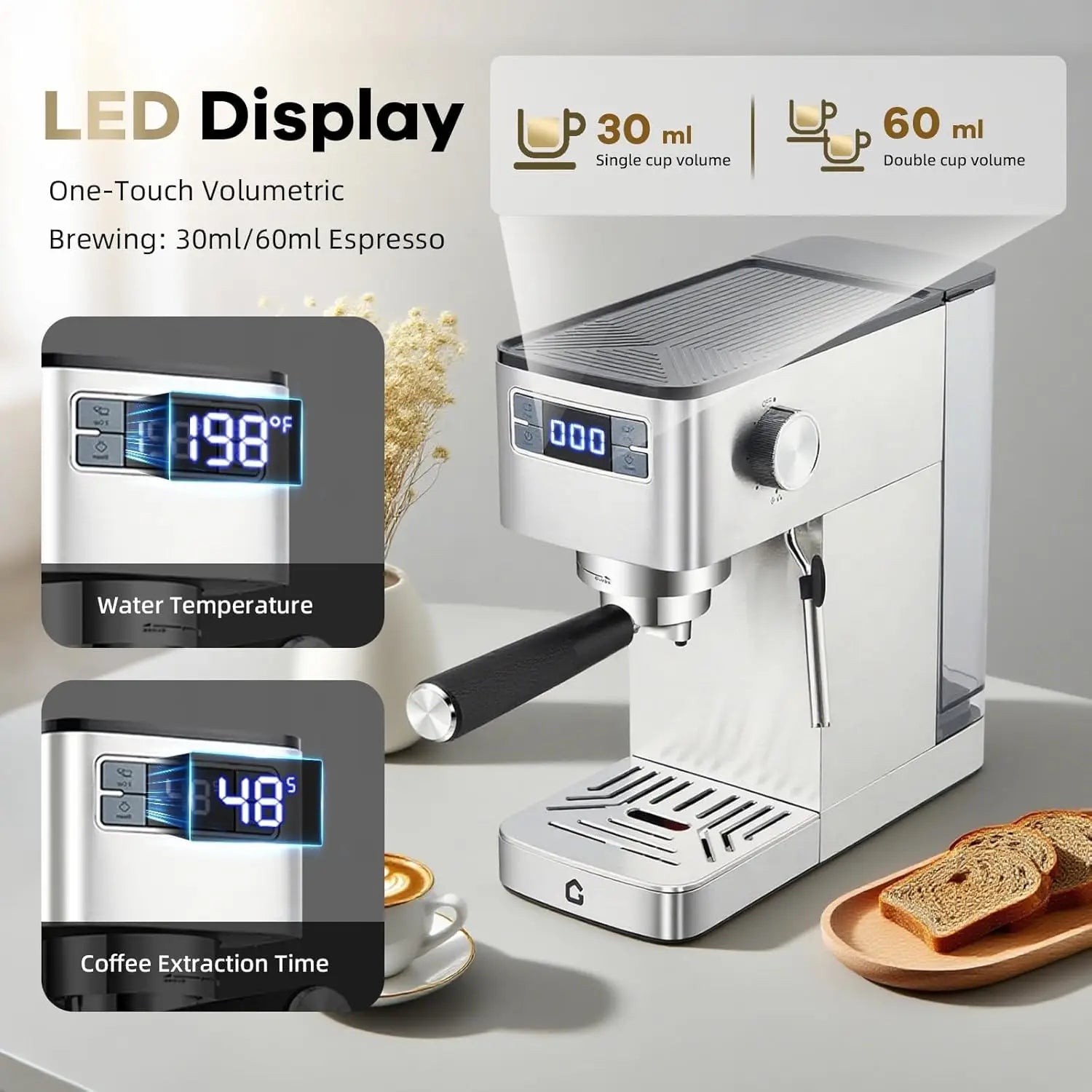 20-Bar Espresso Machine With Steam Milk Frother Stainless Steel 34oz Removable Tank Compact Silver Home Barista Maker