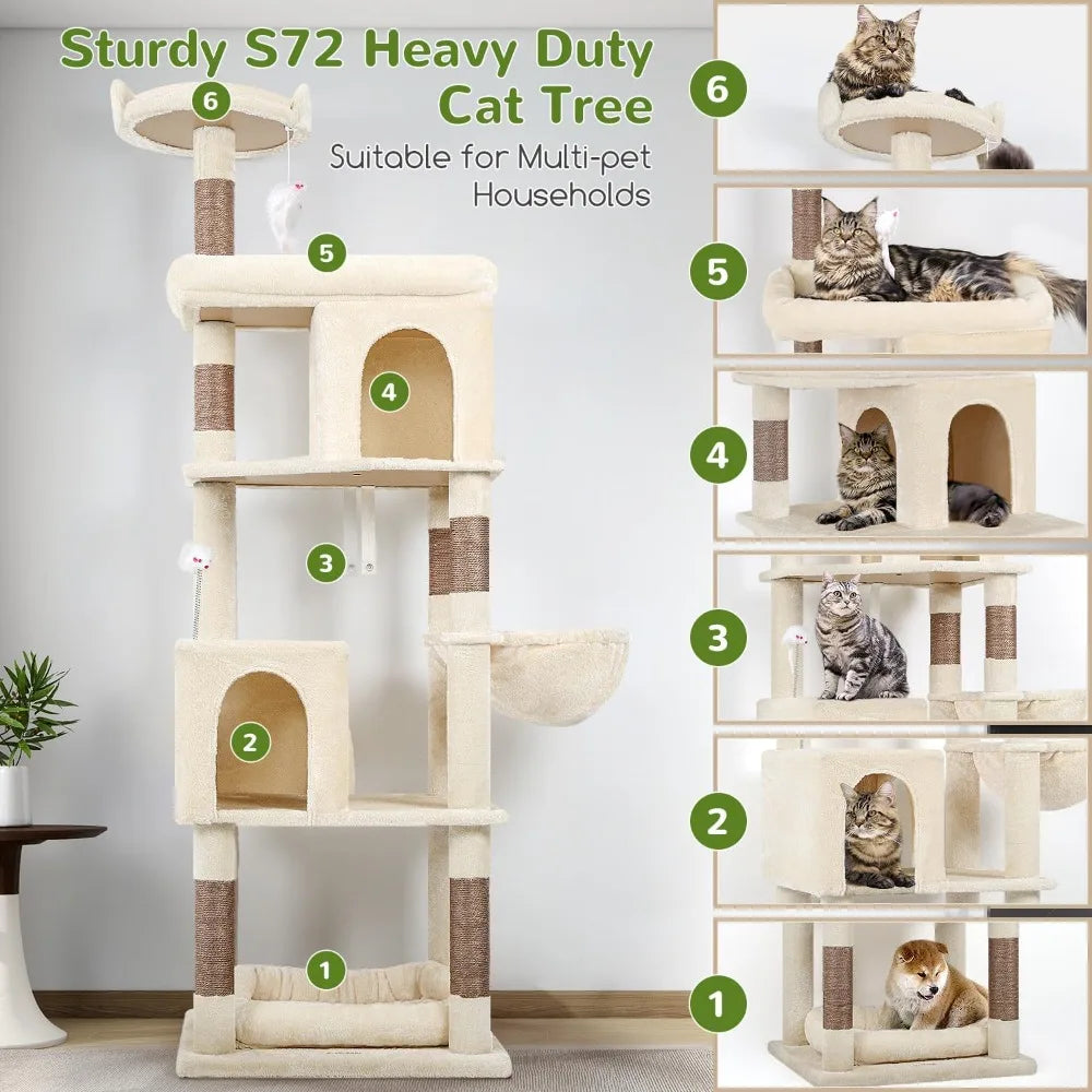 Heavy Duty Cat Trees for Large Cats, Sturdy 72in Maine Coon Cat Tree for Large 20 lbs+ Heavy DutyTower for Ad