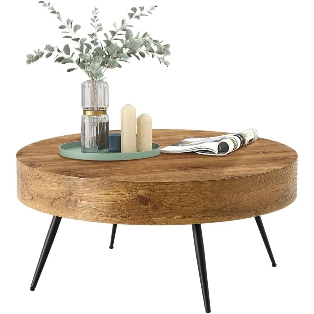 Coffee Table for Living Room, Round Wood Coffee Tables with Storage, Modern Metal Accent Center Tea Table for Apartment S