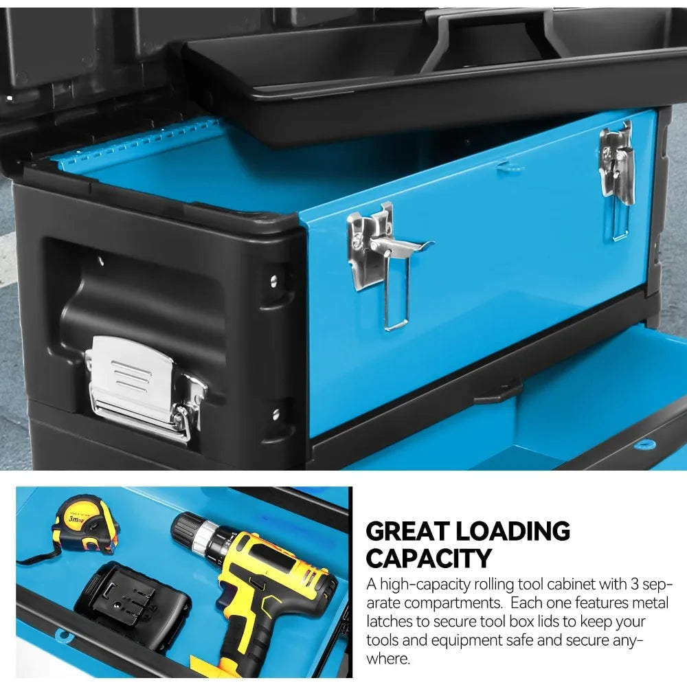 Portable 3-Tier Rolling Tool Box, 19.5 Inch Stackable Storage with Wheels, Heavy Duty Steel and Plastic Construction for Worksho