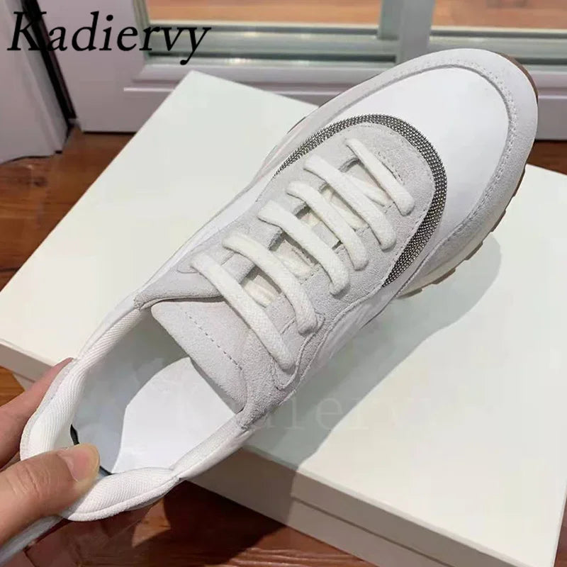 Spring Autumn Sneakers Women Lace Up Round Toe Flat Shoes Lady Suede Leather Patchwork Casual Comfort Outdoor Sports Shoes Woman