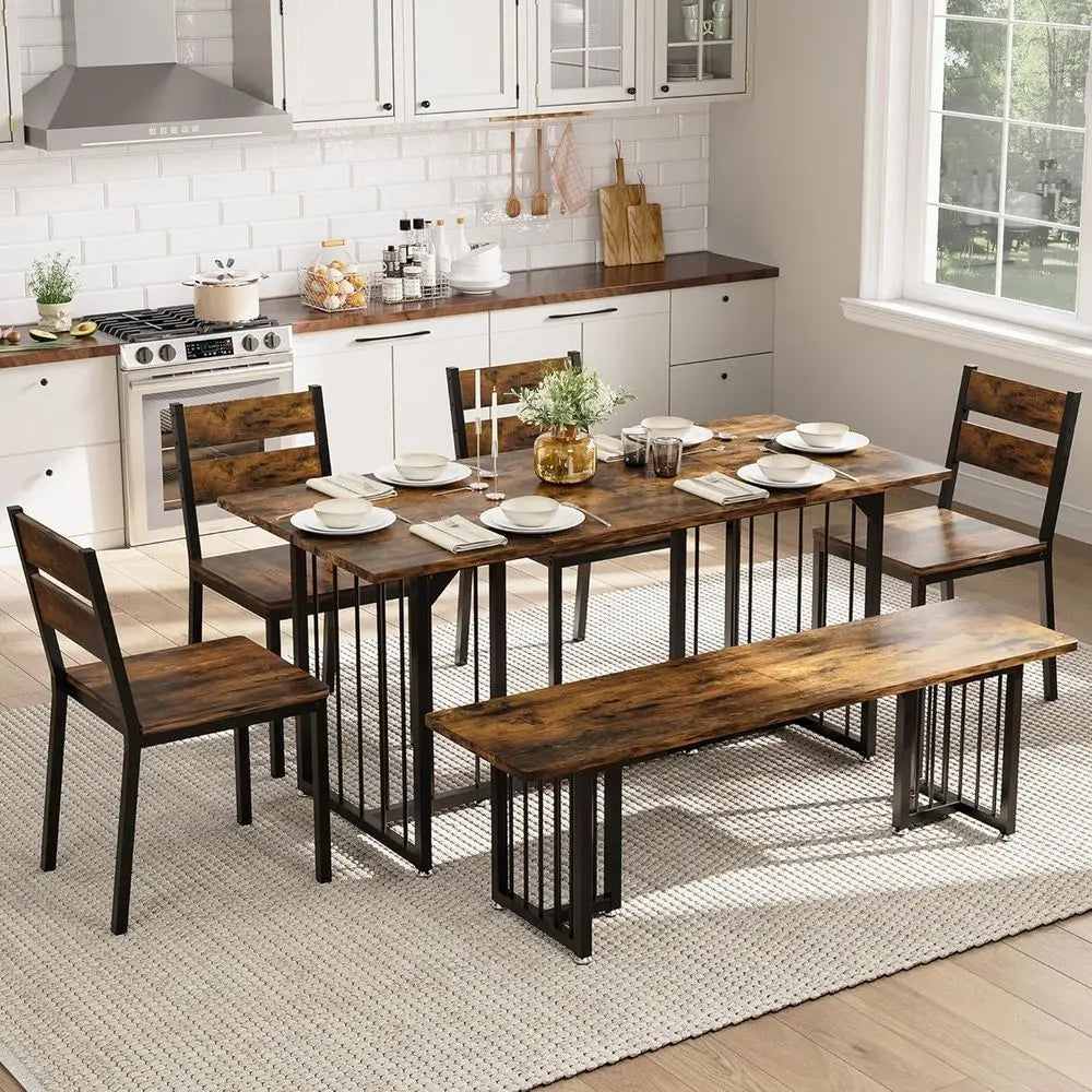 Farmhouse 6-8 Person Rectangular Dining Set, 63 Table with 4 Chairs & 2 Benches, Rustic Brown, Space-Saving for Kitchen