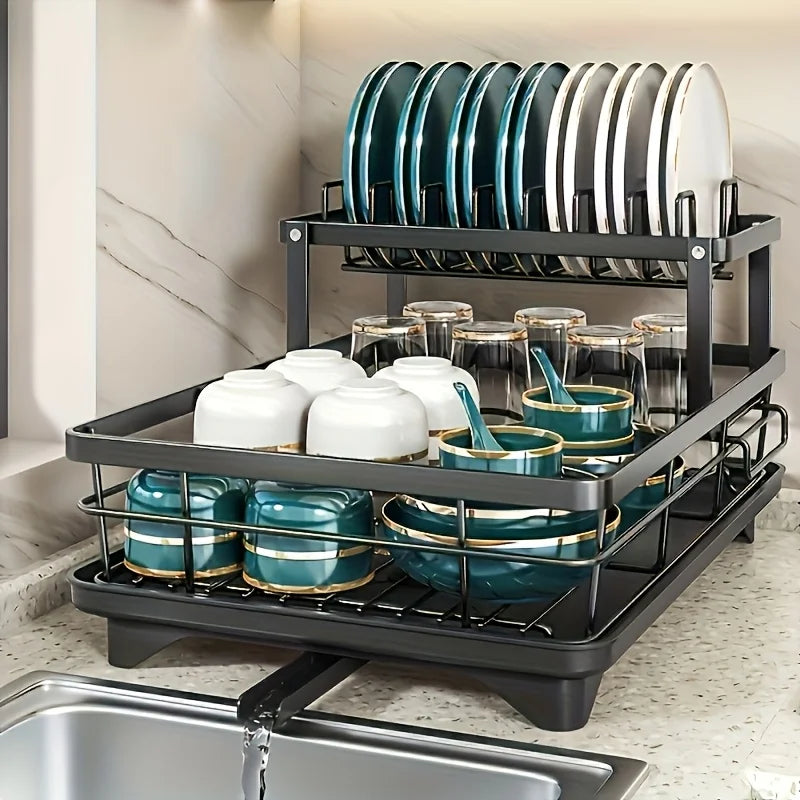 Double-tier extendable dish drainer, suitable for kitchen worktops as a large-capacity utensil rack and draining board.