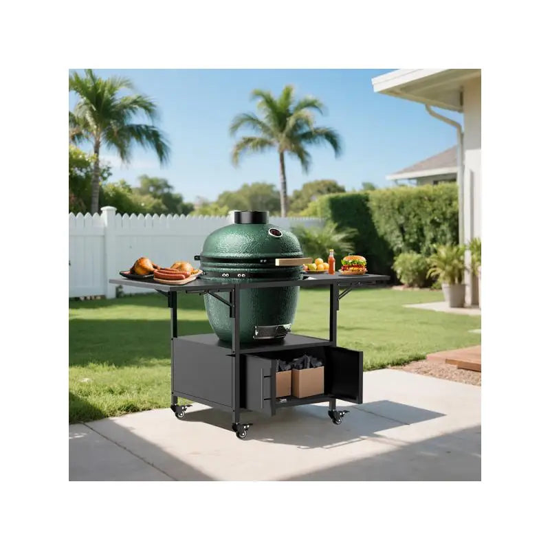 Outdoor Grill Table for Kamado BBQ, Metal Grill Cart with 2 Folding Panels, Fits Large Grills and Kamado Joe Jr, Perfect for