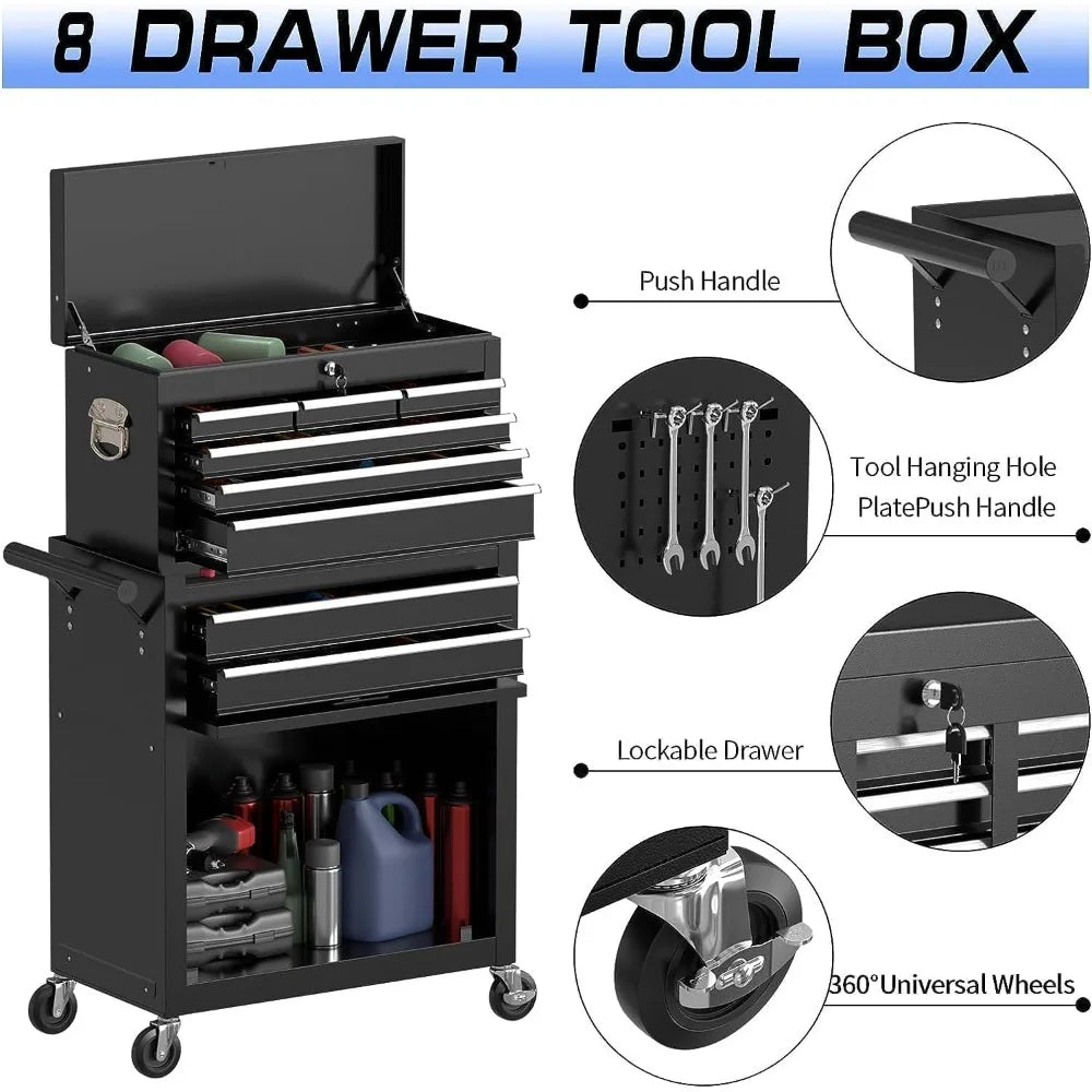 Customized.8 Drawer Rolling Tool Chest, High Capacity Tool Box with Lockable Wheels and Drawers, 2 in 1 Portable Toolbox Organiz