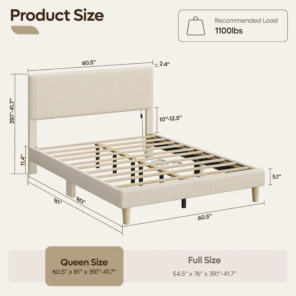 Queen Bed Frame with Adjustable Headboard, LED Lighting, Vertical Channel Tufted Corduroy Upholstered, Solid Wooden,Customized