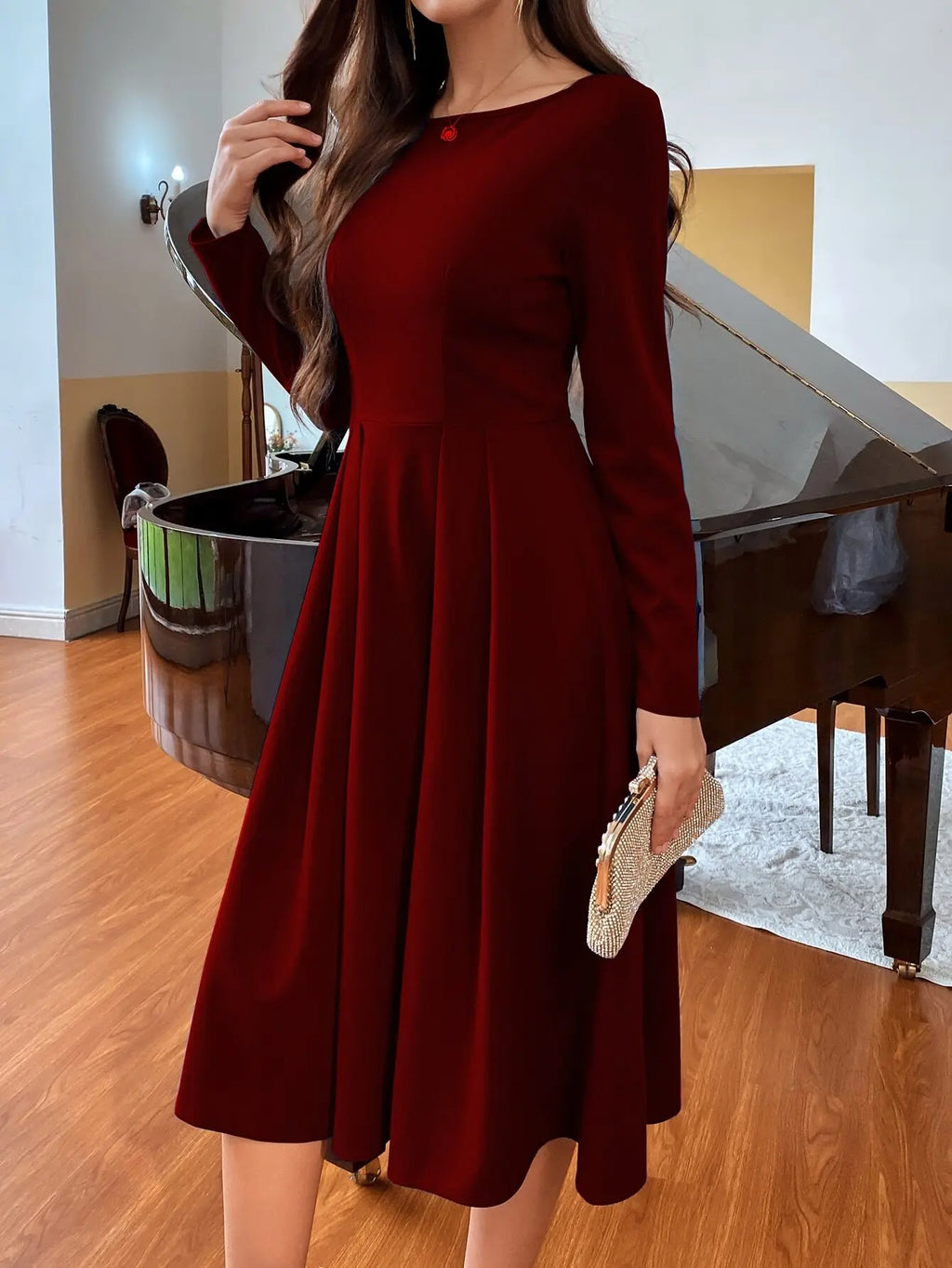 Wine Red Long Sleeve Round Neck Waist Seam A-Line Simple & Elegant Women Dress For Christmas
