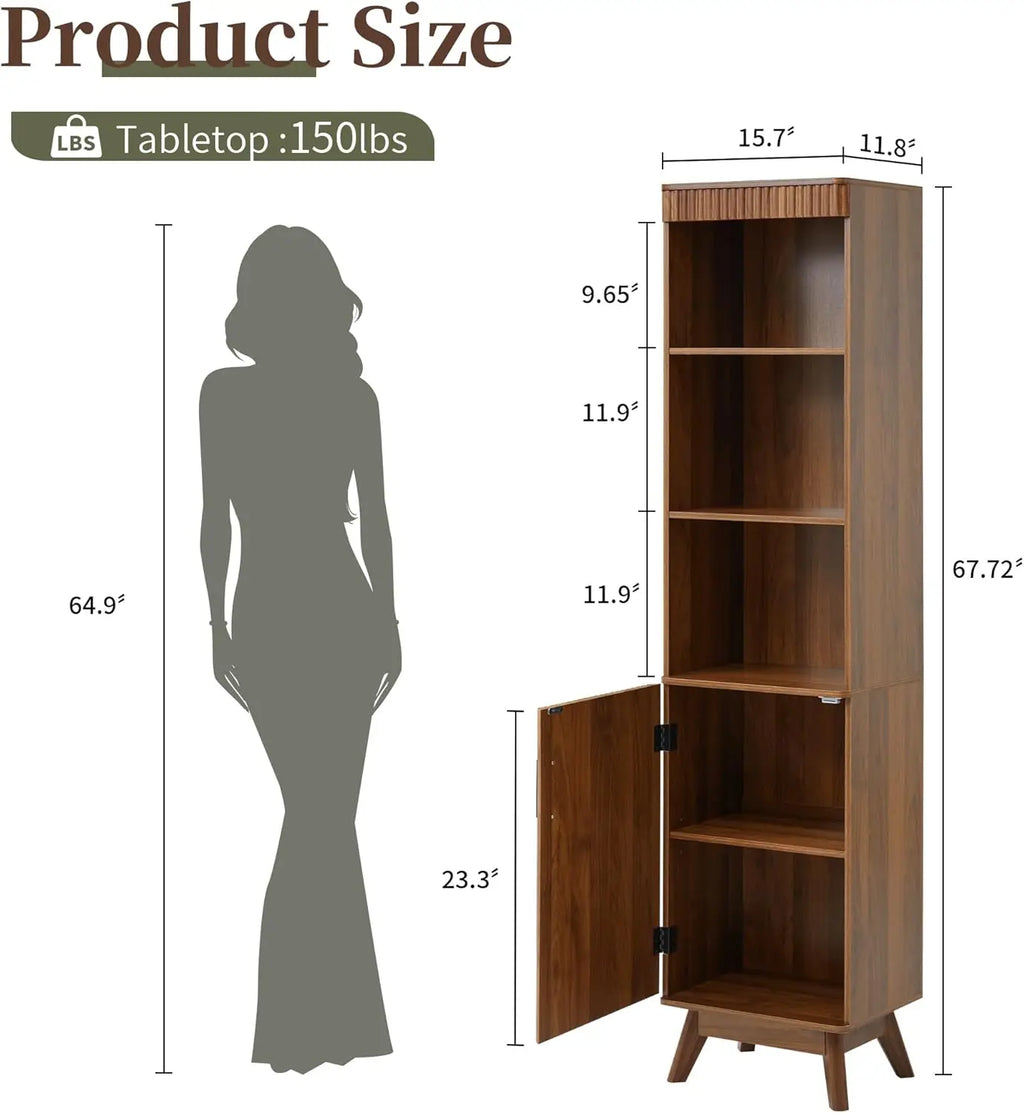 68' Tall Narrow Bathroom Cabinet, Walnut Fluted Storage Unit with Door & Shelves, Slim Space-Saving Design for Bath, Kitchen, Li
