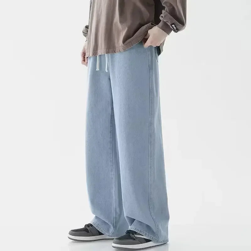 2023 New Korean Fashion Men's Casual Ankle-Length Jeans Classic Man Straight Denim Wide-leg Pants Light Blue Grey Black 3XL