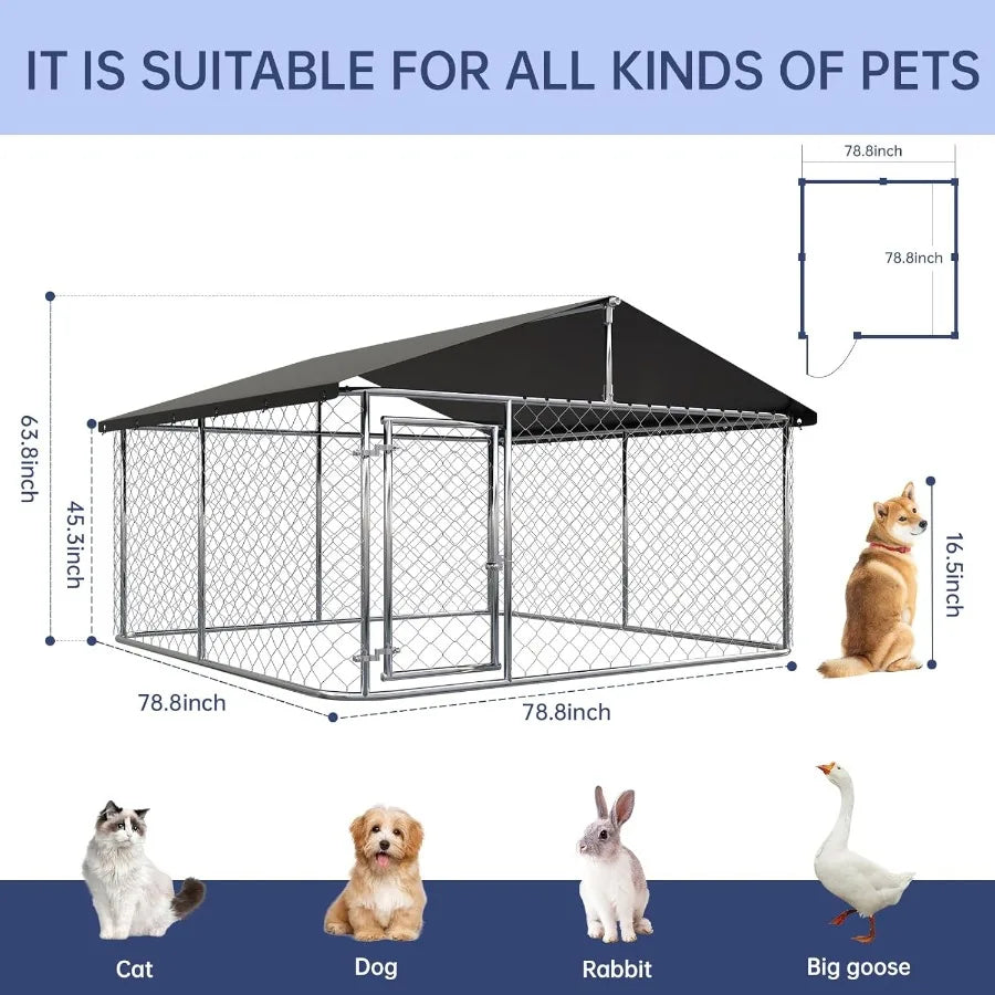 80x 80 Outdoor Dog Enclosure Heavy Duty Mesh Dog Cage with Steel Fence and Secure Lock in Black for Large Pets