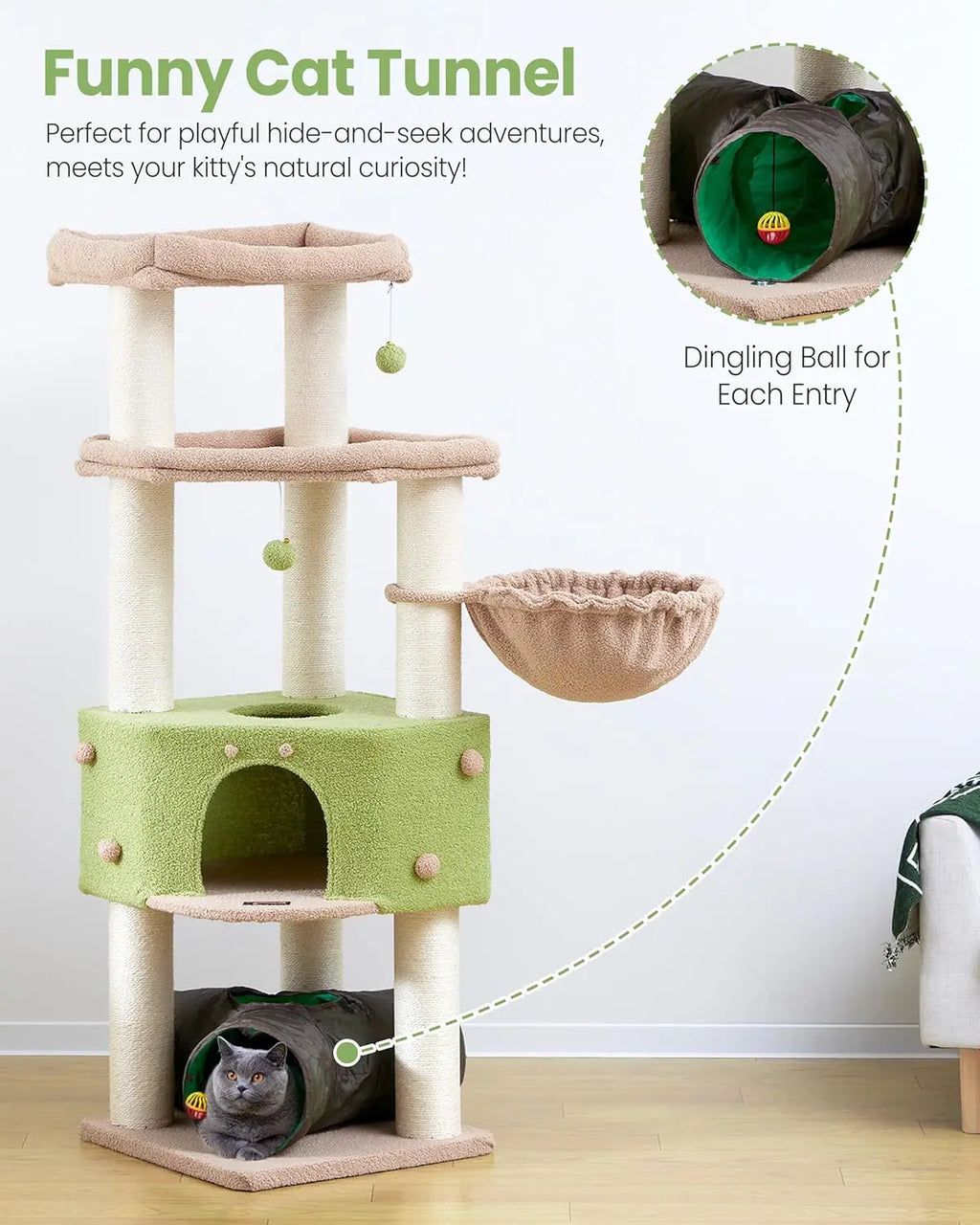Extra Large Cat Tree Tower for Indoor Cats - Multi-Level Scratching Post with Hammock & Tunnel, 60 Inch XL Feline Bed
