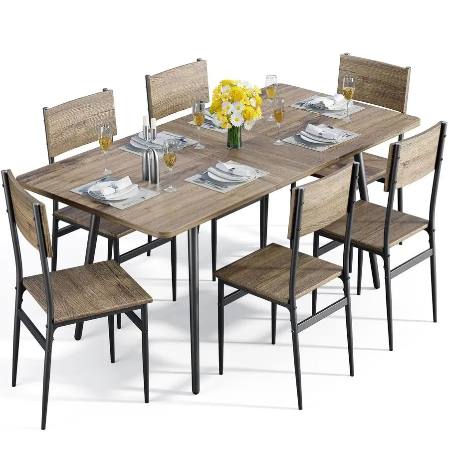 7Piece Dining Table Set for 46 People, Extendable Kitchen Table Set with 6 Chairs, Dining Room Table with Metal Frame and Solid
