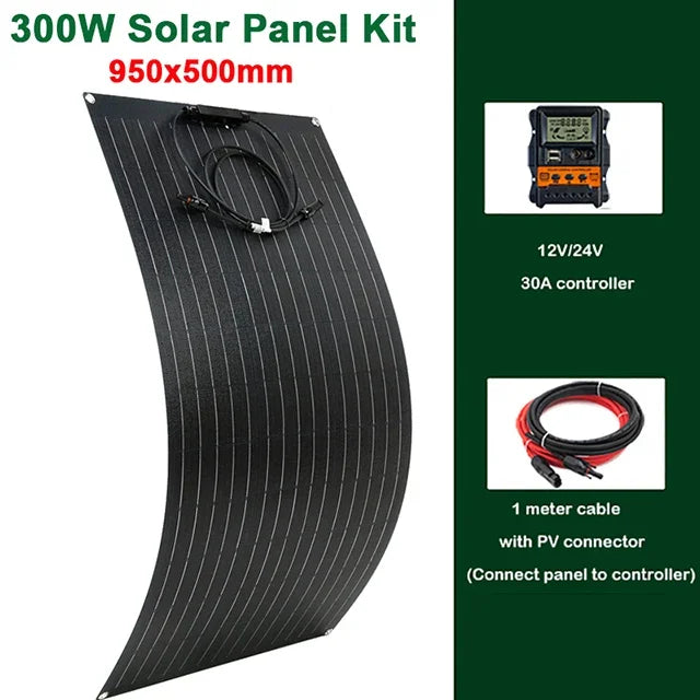 ETFE 300W Solar Panel 18V Semi-flexible Monocrystalline Solar Cell DIY Cable Outdoor Car RV Waterproof Rechargeable Power System