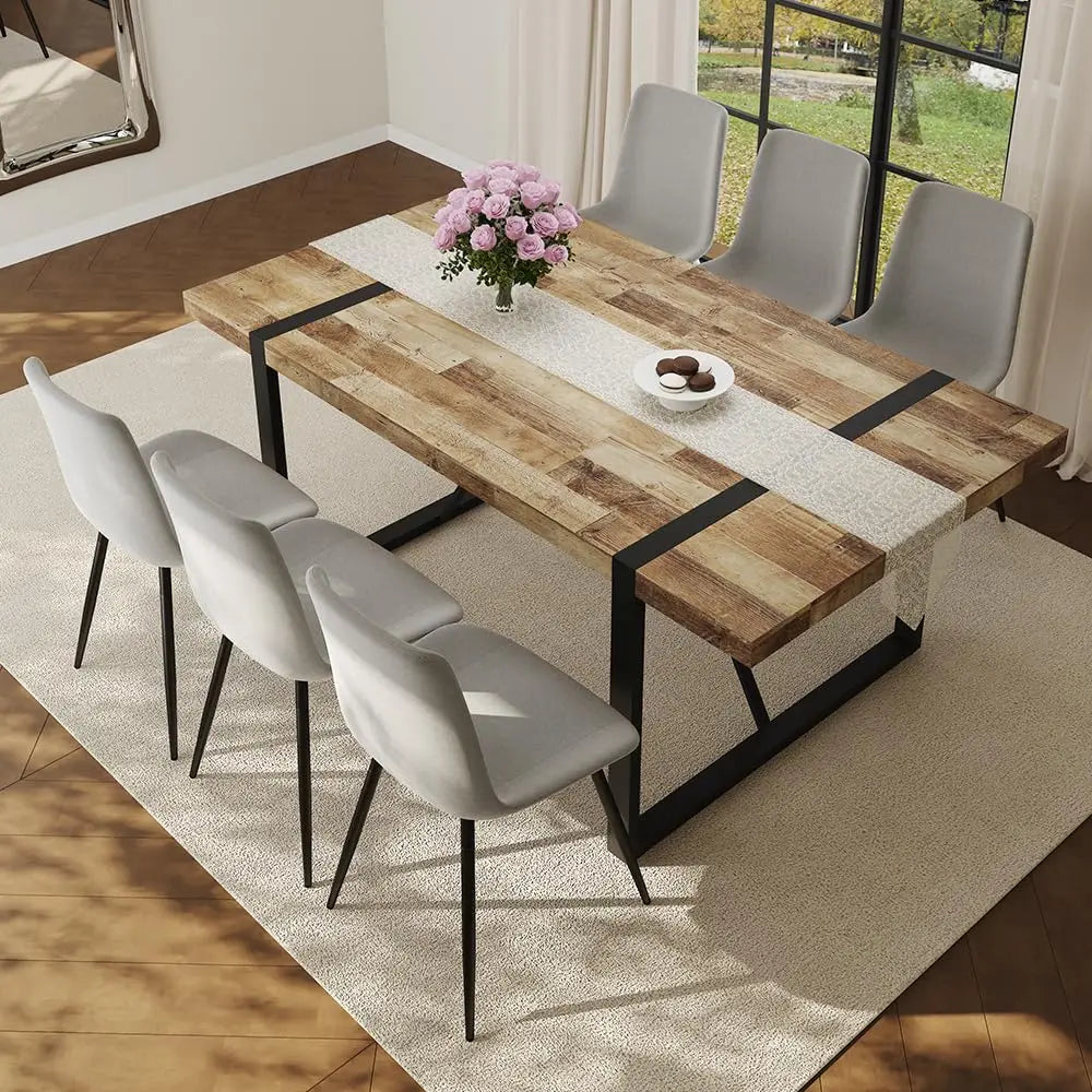 Wood Dining Table Set for 6, 71" Large Rectangular Kitchen & Dining Room Table with 6 Suede Upholstered Chairs,, Customized