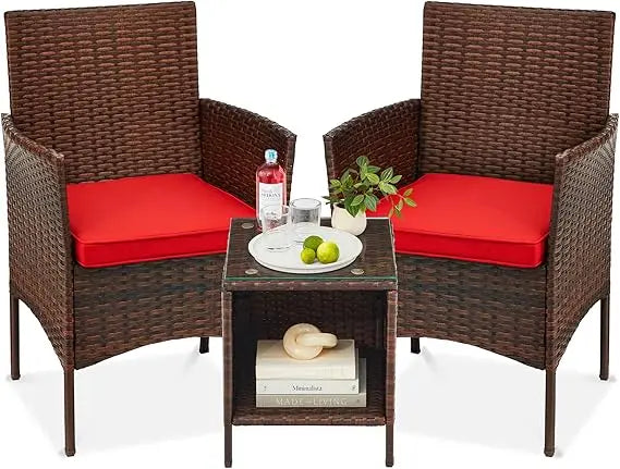 3-Piece Outdoor Wicker Conversation Bistro Set, Space Saving Patio Furniture for Garden w/Side Table - Gray/Navy