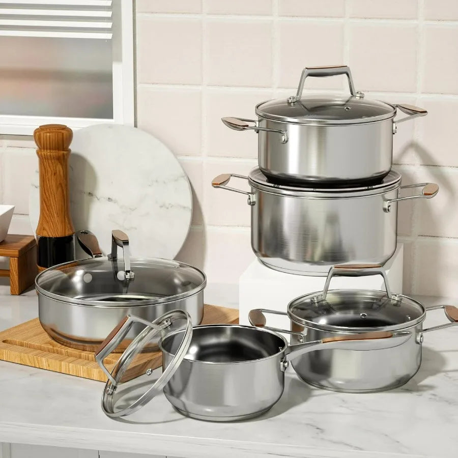 5Ply Stainless Steel Cookware Set with 10 Pieces Including Fry Pan Saucepan and Sauce Pots for Induction and All Stovetops NonT