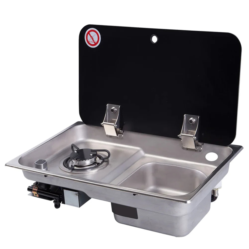 Boat Caravan RV Camper Gas Stove Gas Stove Hob and Stainless Steel Sink Combo with Black Glass Lid 21.1*12.52*5.75in