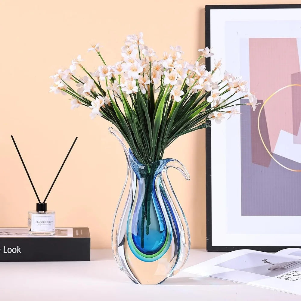 Artisan Hand Blown Glass Vase, Murano-Inspired Ellipse Design, Blue Art Glass for Single Stem Flowers, Elegant Table Centerpiece