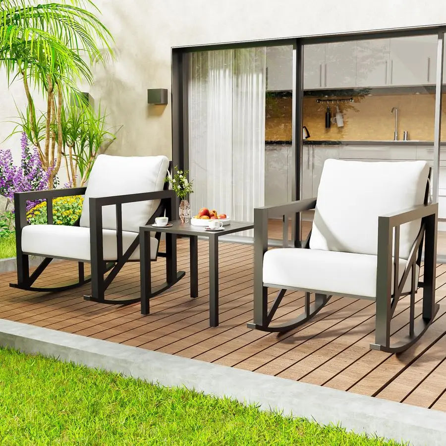 3 Pieces Rocking Bistro Set, Metal Outdoor Patio Furniture Set with 2 Rockers and 1 Table, Patio Conversation Set with Thick Cu