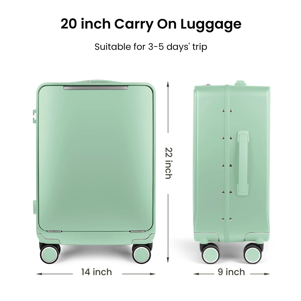 Aluminum Frame Suitcase Front Opening Rolling Travel Luggage Lightweight 20 Inch Carry-On Suitcase with Cup Holder & Side Hooks
