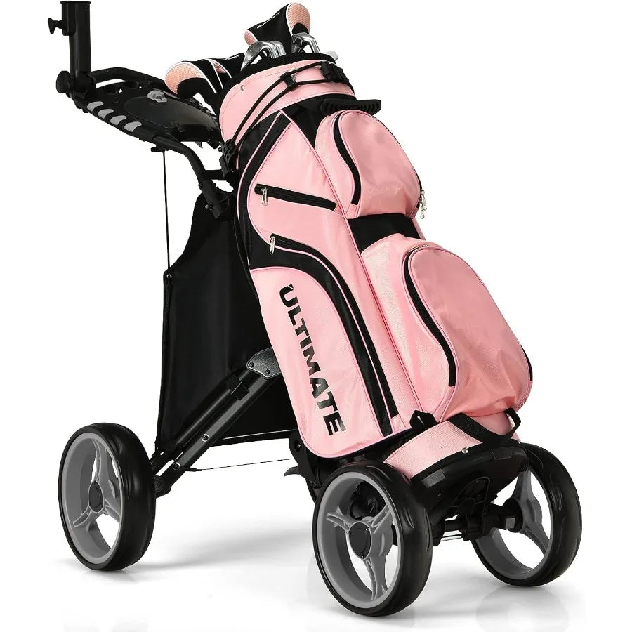 Height Adjustable Portable Golf Push Cart with Umbrella Holder Waterproof Bag Builtin Cooler Foot Brake for Easy Transport and