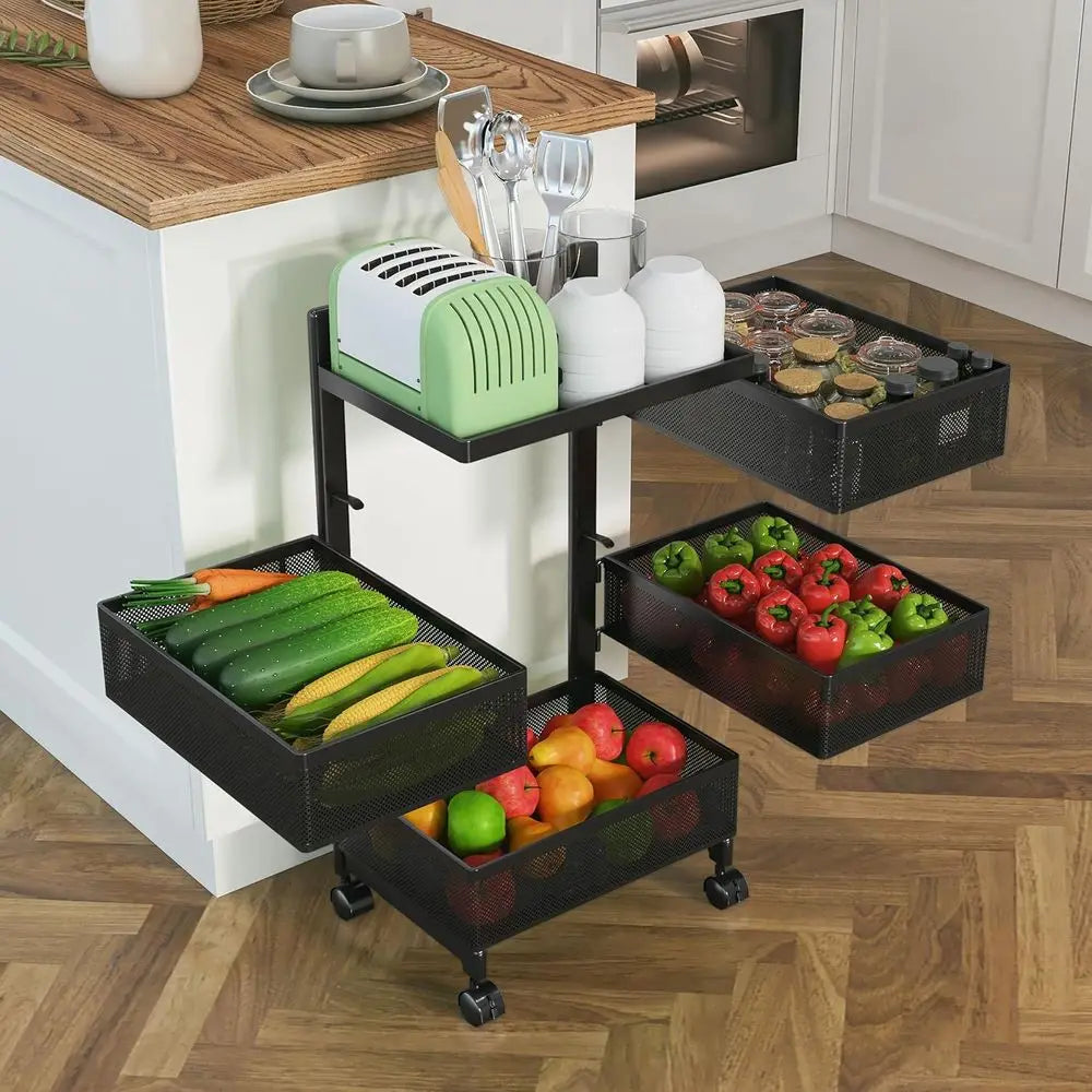 4-Tier Metal Fruit Basket with Rolling Kitchen Storage Rack, Sturdy Vegetable Shelf, and Bathroom Drawer Cart in Black