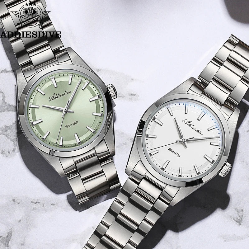 ADDIESDIVE Hot Sale Quartz Watch Simple 10Bar Steel Dive Wristwatch Bubble Mirror Pot Cover Glass Sports 36mm Men Watches AD2066