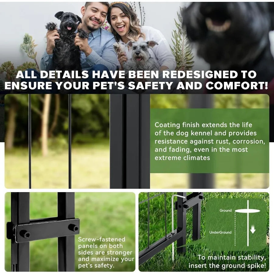 8x4x6FT Outdoor Dog Kennel Heavy Duty Welded Wire Steel Dog Pen with Waterproof Roof Cover and 2 Rotating Dog Bowls in Black fo
