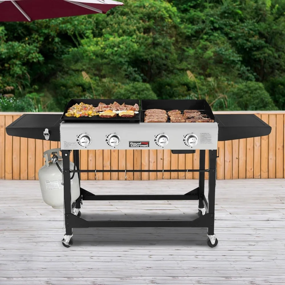 GD401C 4-Burner Propane Gas Grill and Griddle Combo with Cover, Griddle Grill Combo with 48,000 BTUs Output for Outdoor Cooking