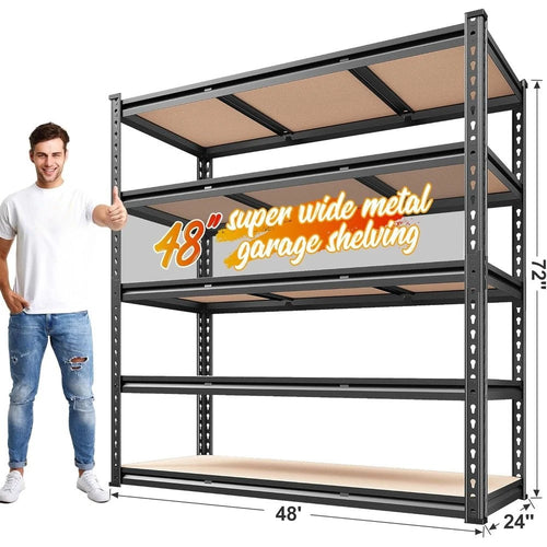 48" W Garage Shelving 3020LBS Storage Shelves 5 Tier Heavy Duty Shelving Adjustable Garage Shelves or Basement