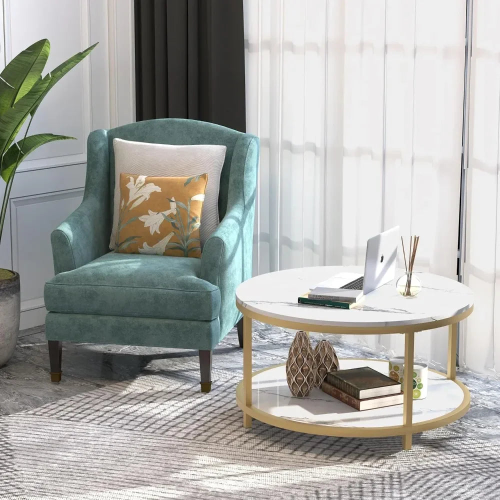 33.5"Round Coffee Table  Coffee Tables Room High Glossy Faux Marble Top Circle Table Sturdy Gold Frame Legs Cocktail Table