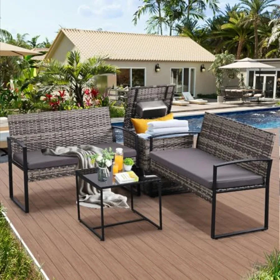 FHFO 4 Piece Outdoor Patio Furniture Set with Built-in Beverage Cooler Storage Box Wicker Conversation Sets Patio Outdoor Loves