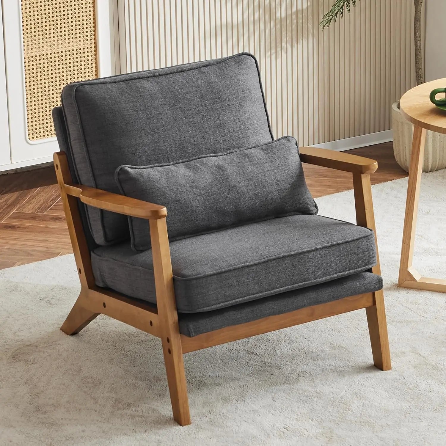 Accent Chair Wide Armrest Mid-Century Lounge Chair Teddy Fleece Armchair with Lumbar Pillow & Solid Wood Frame for ,Customized