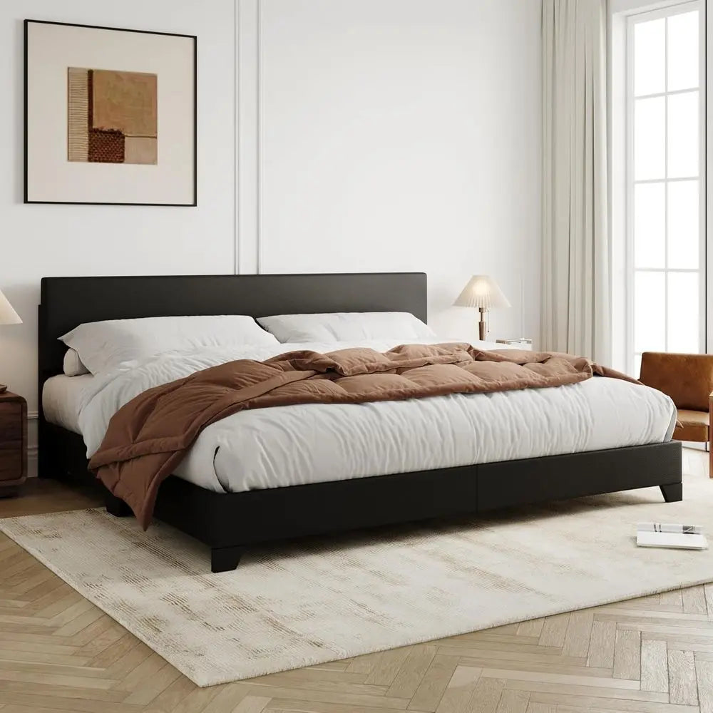DAFIFY King Size Bed Frame Adjustable Headboard, Faux Leather Platform Bed, Wood Slats, Mattress Foundation, No Box Spring, Easy