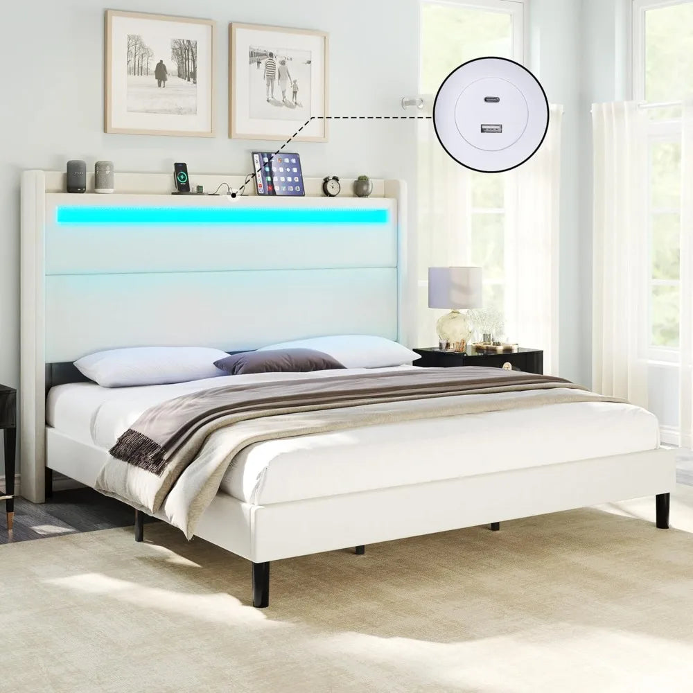 Bed Frame with LED Lights & Wingback Headboard, Upholstered Platform Bed with USB & USB-C Ports, No Box Spring Nee Customized