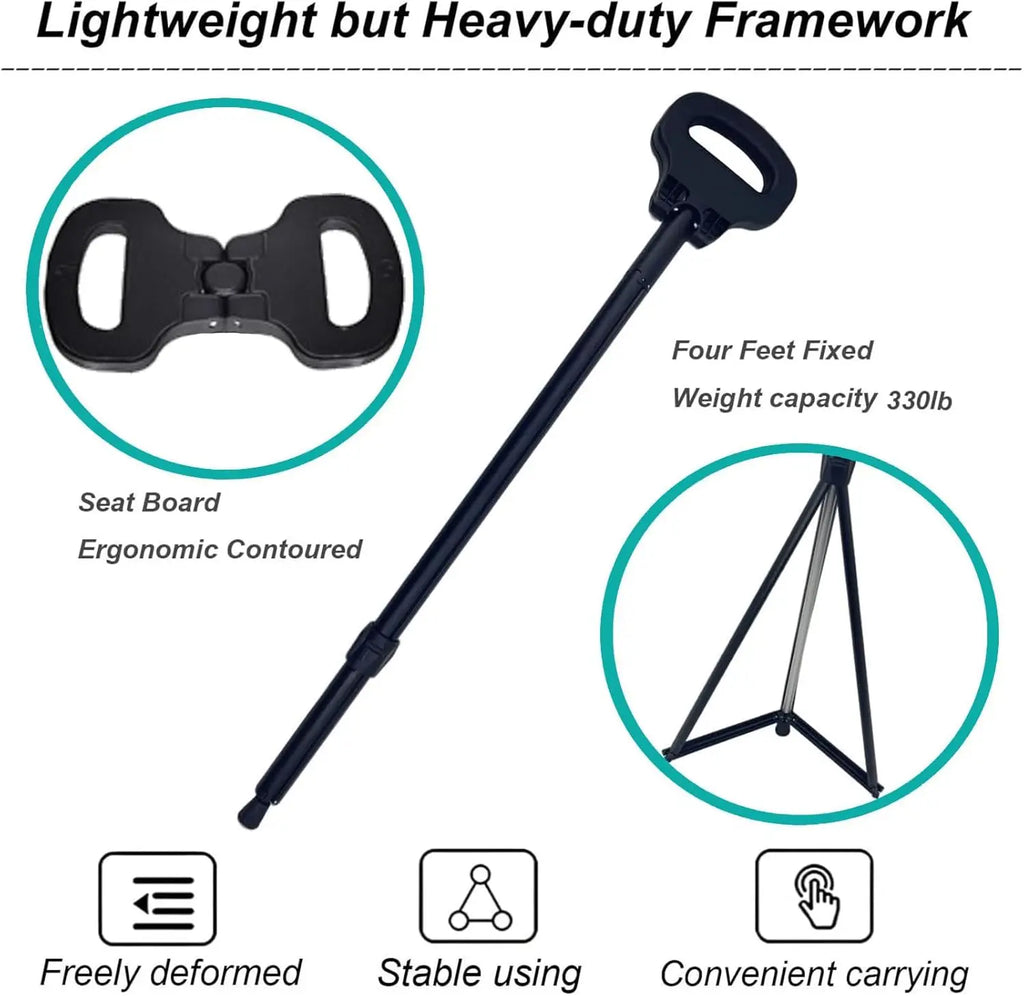 2-in-1 Foldable Walking Cane with Seat, Lightweight Aluminum Trekking Poles for Elderly Men Women, Portable Camping Chair for Ou