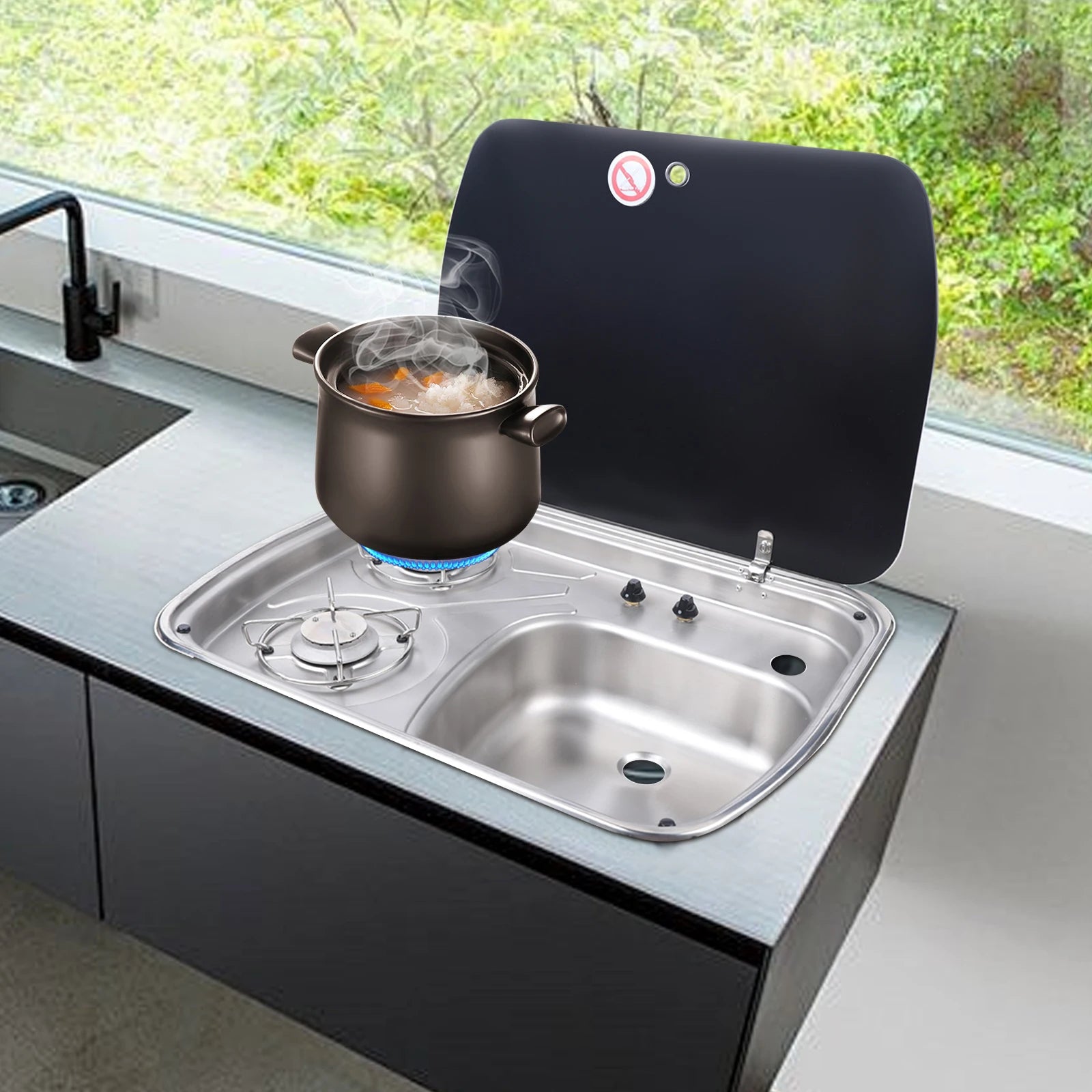 Boat Caravan Camper 2 Burner Gas Stove Hob and Sink Combo With Tempered Glass Lid Stainless Steel Hand Wash Basin RV Kitchen