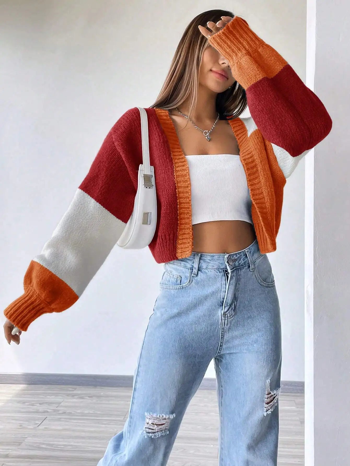 Color Block Drop Shoulder Knit Cardigan for Women, Long Sleeve Fall Winter Casual Top