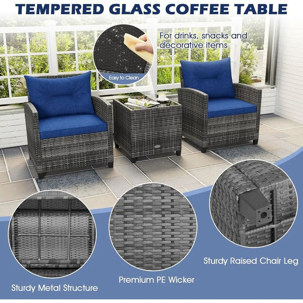 Navy Blue Outdoor Wicker Patio Furniture Set with Cushions and Glass Table for Balcony, Deck, or Poolside