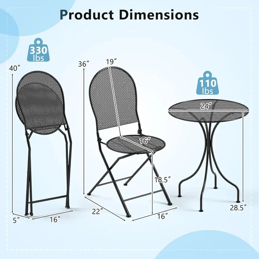 2-Seat Metal Patio Bistro Set with Round Table and Folding Chairs for Outdoor Garden and Porch