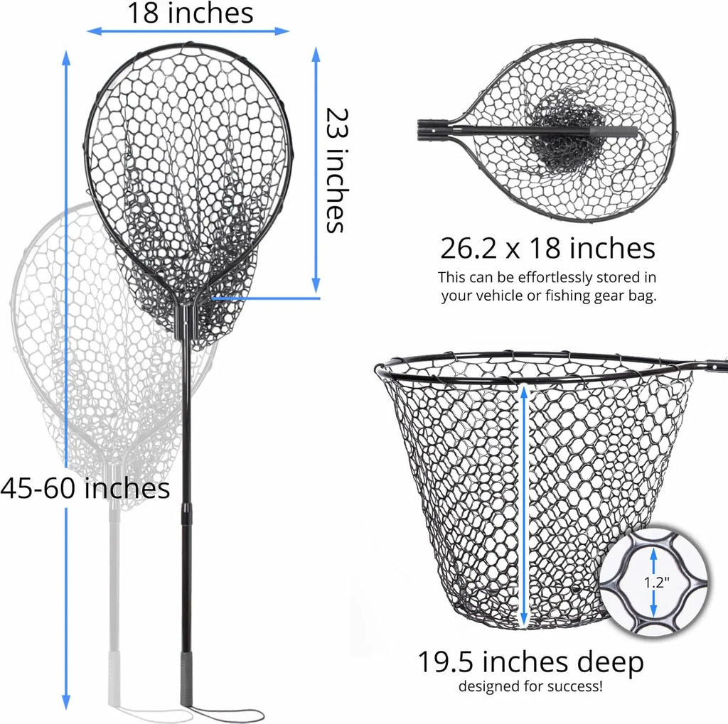 Large Fishing Landing Net with Telescoping Handle, Soft Rubber Mesh for Boat Pier River Angling