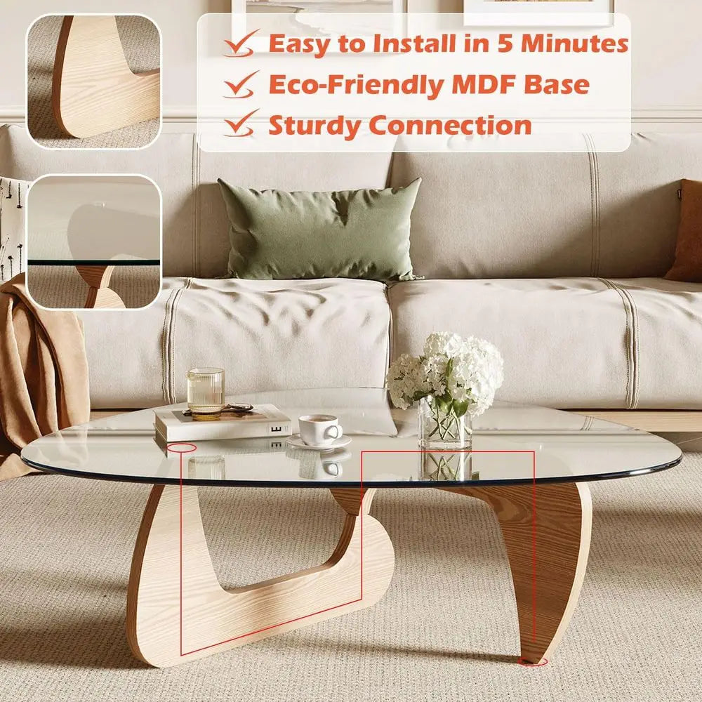 Coffee Table for Living Room and Small Spaces, 43.3 x 29.5 x 15.8 Tempered Glass Table Top and Eco-friendly MDF Base, Natural Wo