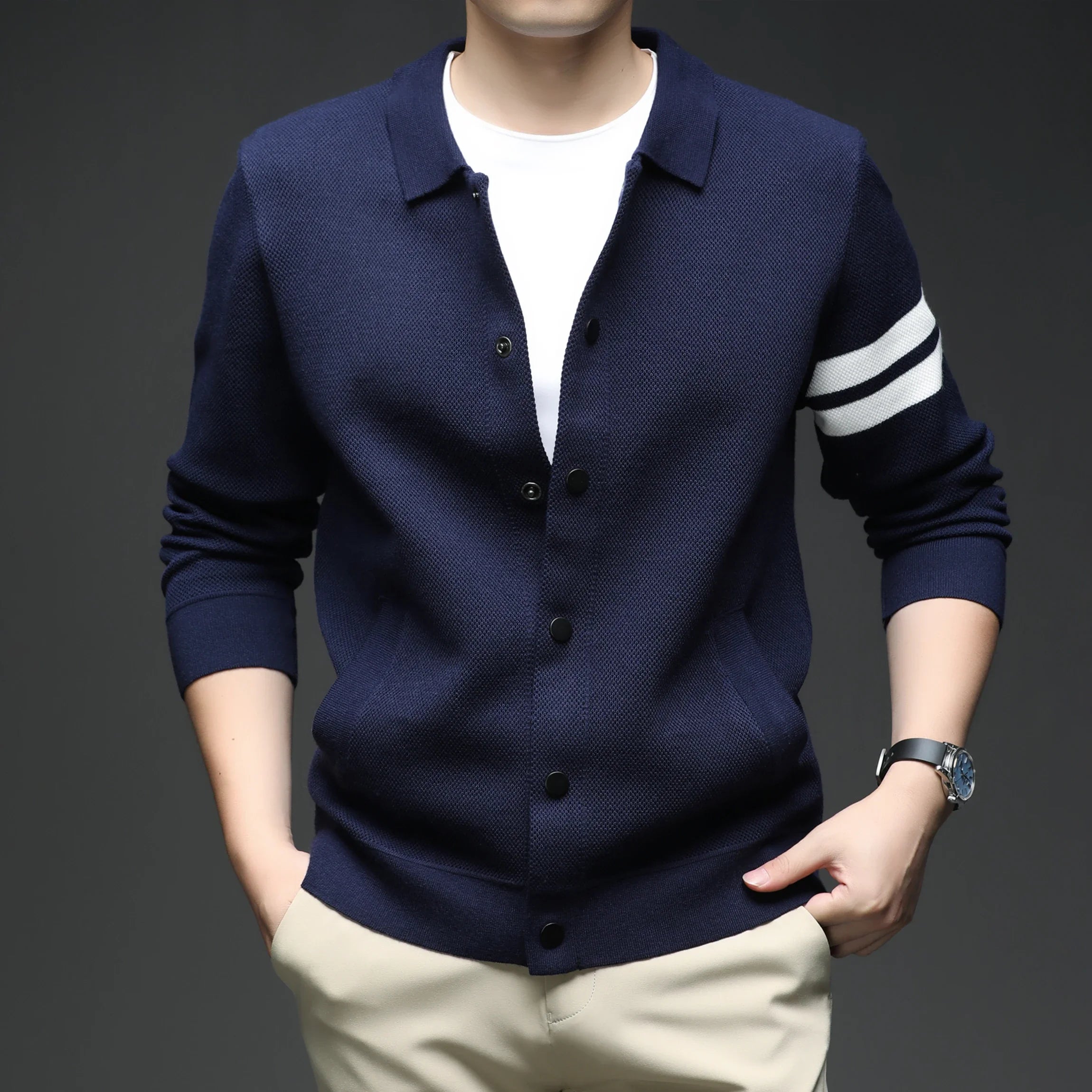 Men's knitted cardigan collar autumn and winter men's sweater fashion versatile leading sweater jacket