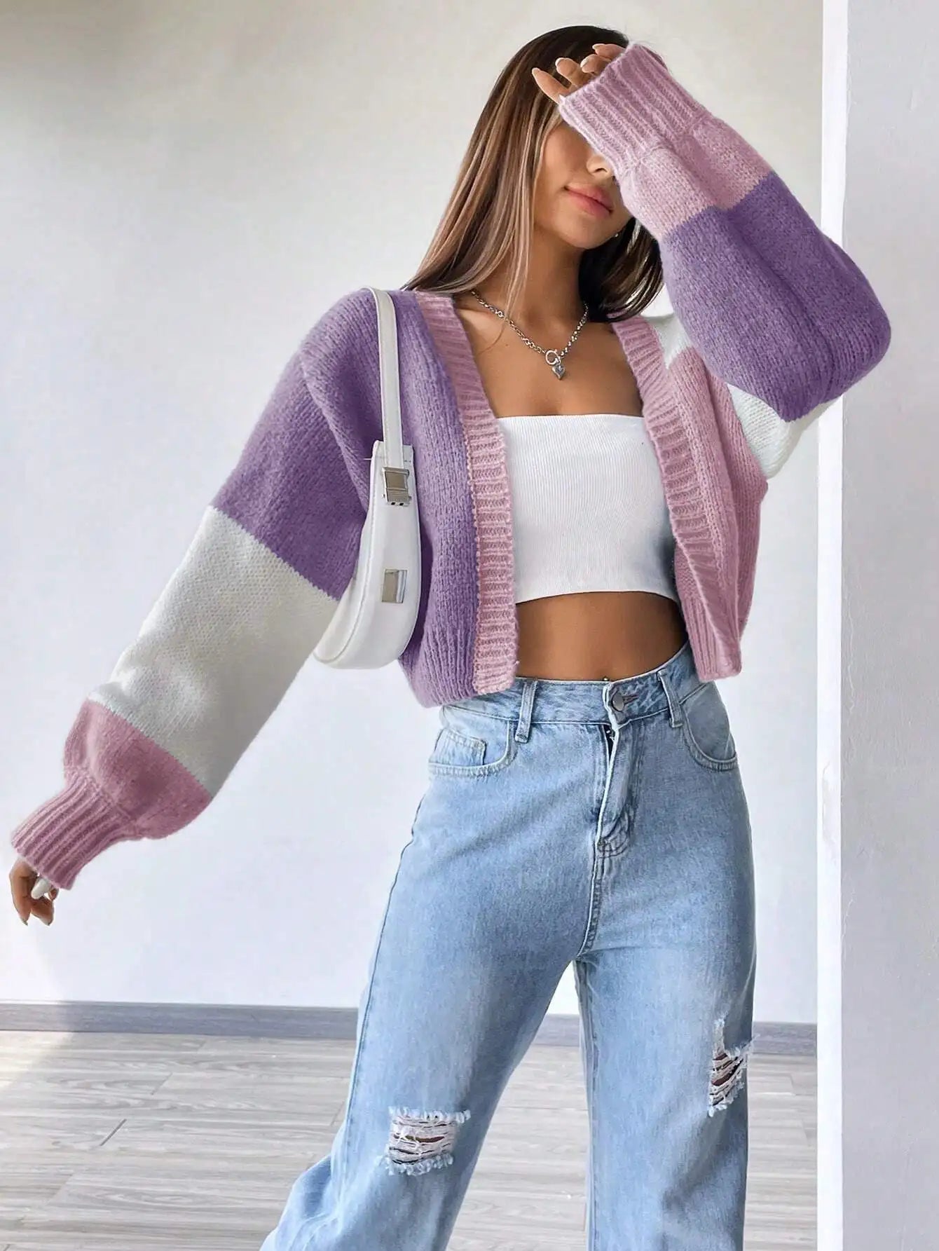 Color Block Drop Shoulder Knit Cardigan for Women, Long Sleeve Fall Winter Casual Top