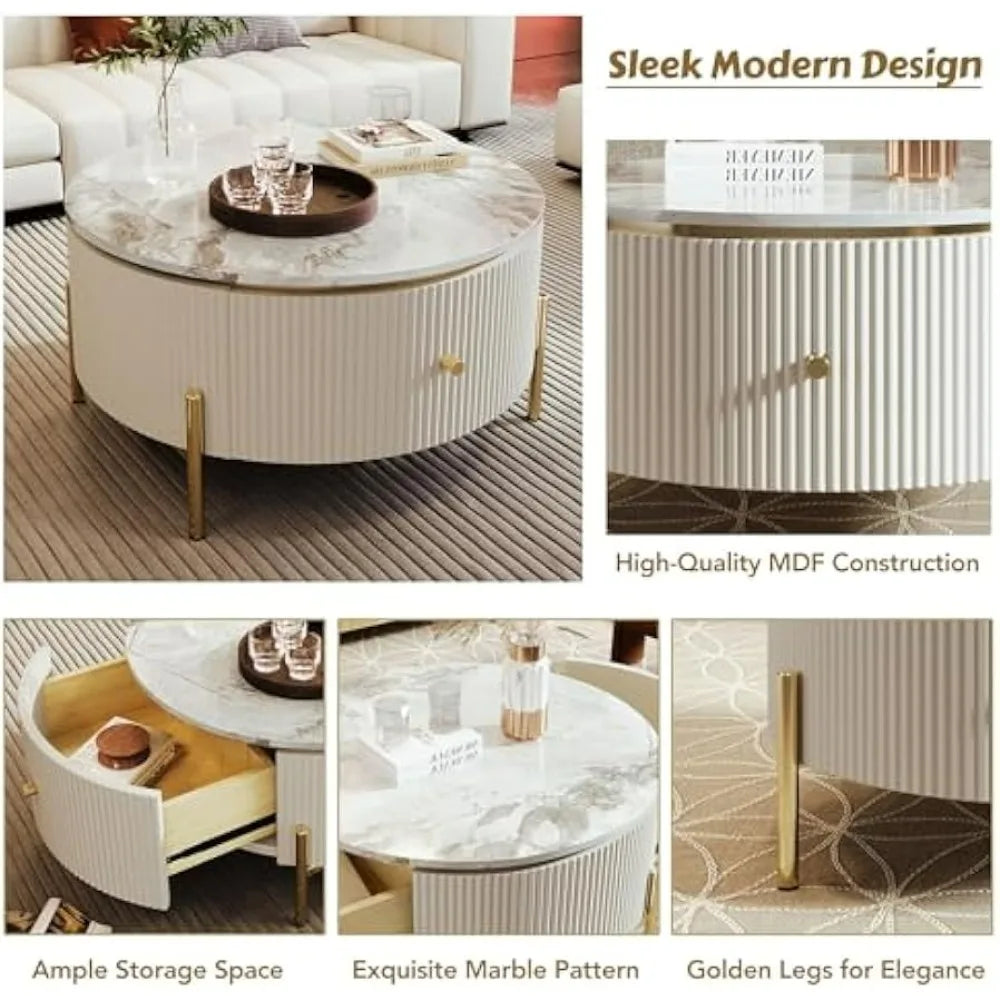 Modern Marble-Patterned Coffee Table with Two Large Drawers, Golden Legs for Elegant Living Room Storage