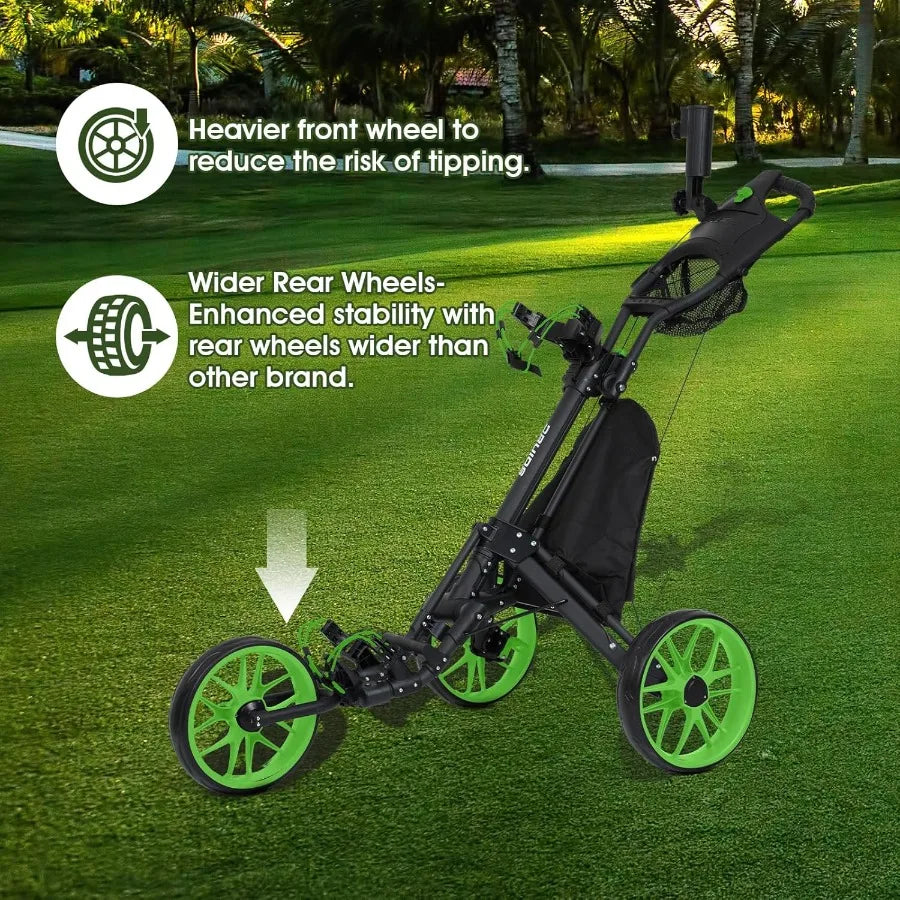 3 Wheel Golf Push Cart : Lightweight Compact Golf Walking Cart with Cooler Flat Fold Golf Trolley with Brake Pull Behind